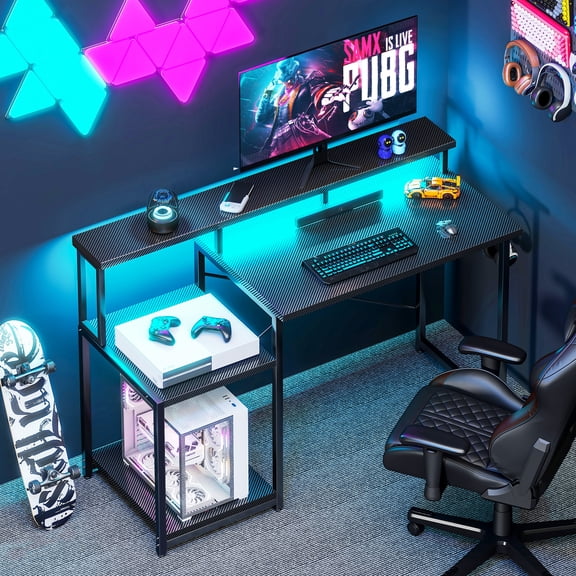 Casacomoda 48 Inch Computer Desk with Monitor Stand, Gaming Desk with LED Lights, Printer Shelf for Home Office, Storage Shelf, Black