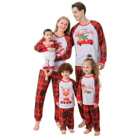 

wybzd Family Christmas Matching Outfits Long Sleeve T-Shirt Santa Claus Elk Cartoon Print Plaid Trouser Pant Sleepwear Set