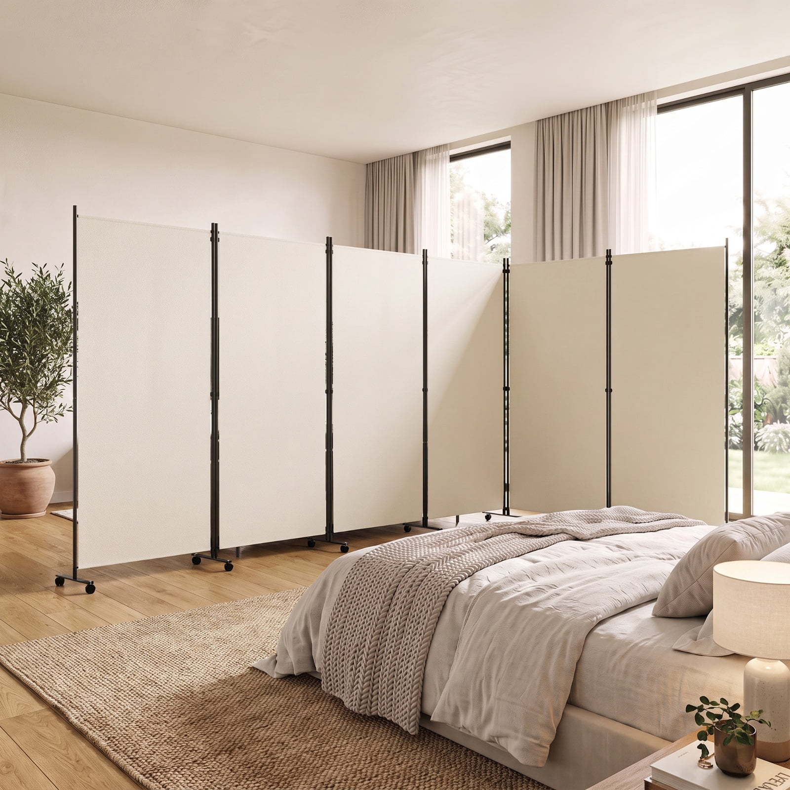 Vebreda 6-Panel Rolling Room Divider Folding Privacy Screen with Lockable Wheels, Freestanding Fabric Partition for Bedroom Office Studio, White