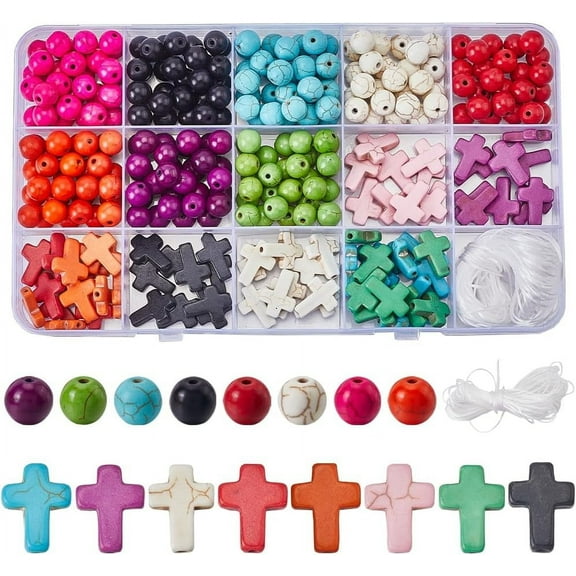 1 Set 1 Box 320Pcs Cross Beads Cross Bead Charms Colorful Stone Beads Lucky Turquoise Round Beads Crucifix Crosses Gemstone Spacer Loose Beads for Jewelry Making DIY Earrings Bracelet Necklace