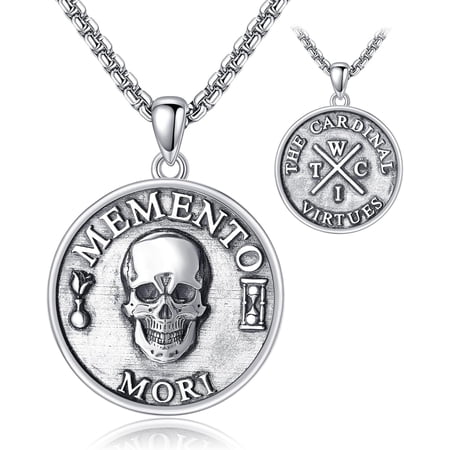 XATENJE Memento Mori Necklace Sterling Silver Skull Memento Mori Pendant Stoic Gothic Jewelry Gifts for Men Women