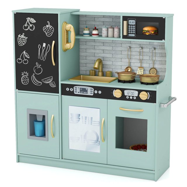 Costway Kid's Pretend Play Kitchen Toddler Kitchen Playset with Blackboard Green