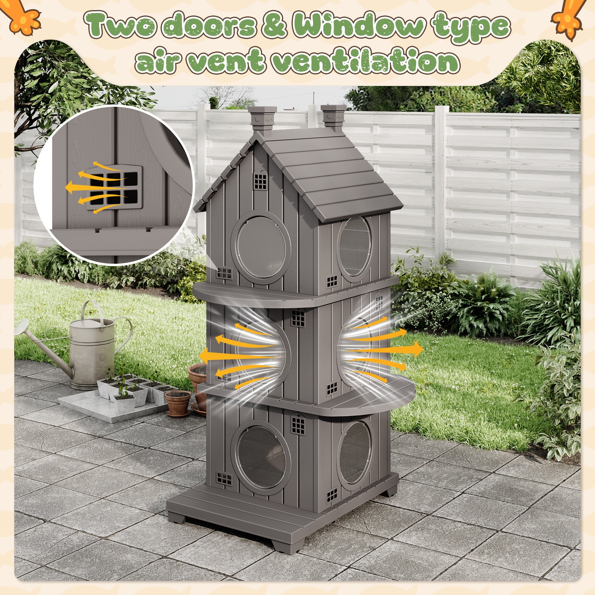 Bifanuo Outdoor Cat House,Weatherproof Resin Cat House,Multi-Layer,Villa-Style Outdoor Cat Shelter,Assemble Easily for Home & Yard,Gray