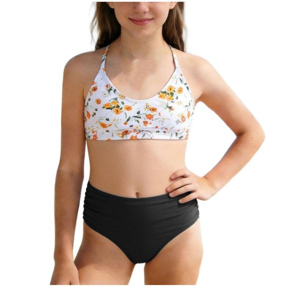 CYRBOKO Girl's Swimsuit Sets, Quick-dry Holiday Spaghetti Strap Two Pieces Bikinis with Brifes White Size 14-15 T