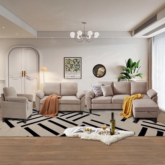 Soscana Living Room 3 Piece Sofa Set,Sectional Sofa Couch with Storage Ottoman and Storage Pockets, L Shaped 3 Seater Couch with Reversible Ottoman Loveseat Accent Chair, Living Room Furniture Set