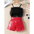 thumbnail image 3 of Biezeib Baby Girls Summer 2 Piece Outfit Fur Sleeveless Camisole Tops and Elastic PU Shorts Fashion Cute Clothes, 3 of 6