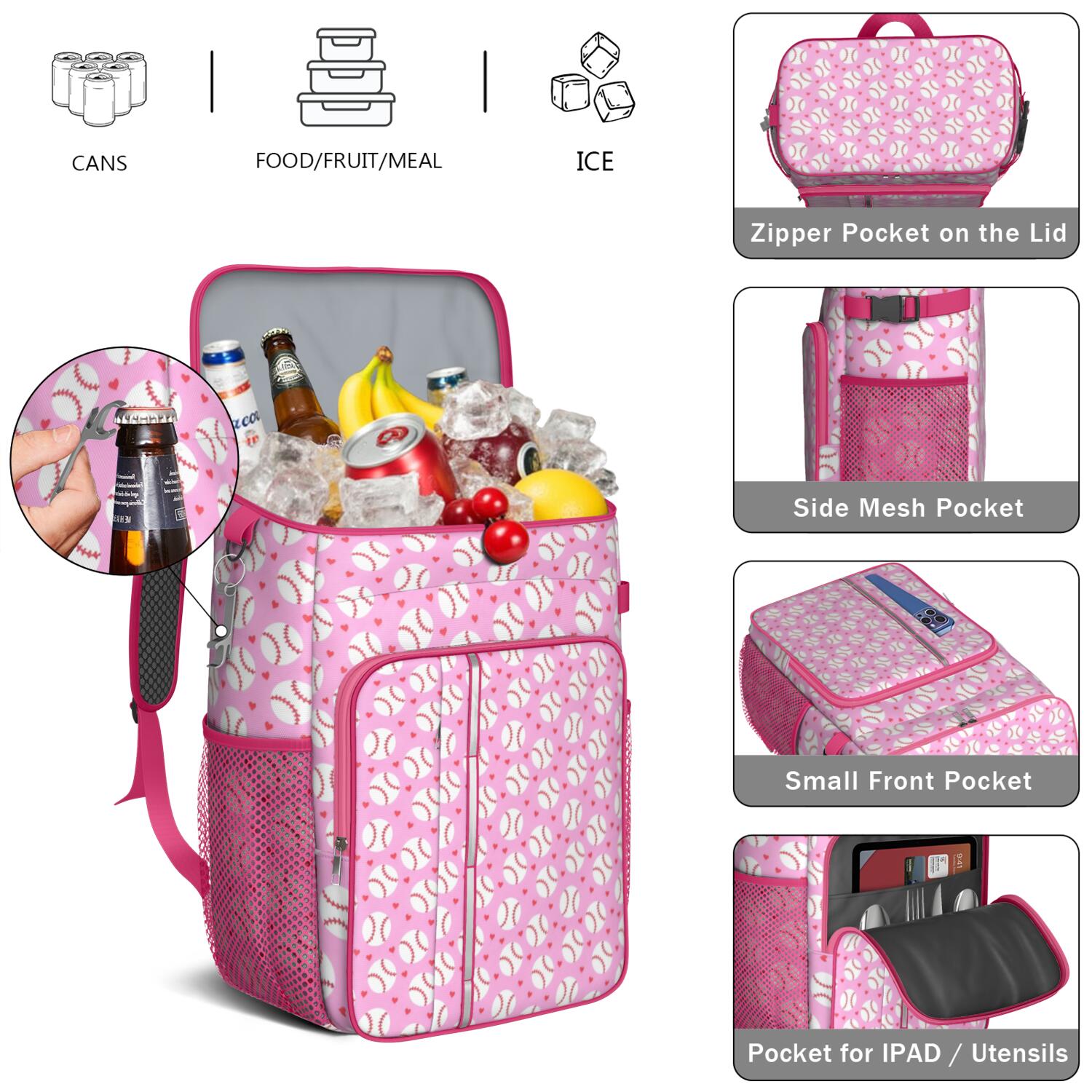 Travel Cooler Bag - Pink Baseballs Pattern Camping Beer Cooler Backpack with Bottle Opener- Waterproof Insulated Picnic Backpacks - Cooler Bag for Beach