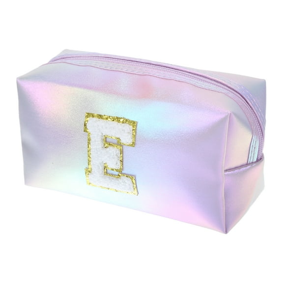 Unique Bargains 1 Pc Women Durable Letter E Cosmetic Bag for Vacation Outdoor Activities Purple PU Leather