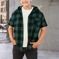 thumbnail image 2 of CAICJ98 Boys Girls Short Sleeve Button-up Shirt with Hood Unisex Kids Cotton Plaid Hoodie Flannel Fall Shirts (Green,10-11 Years), 2 of 5