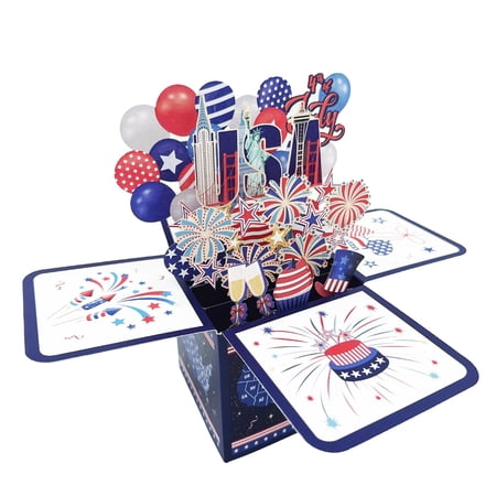 WYanRUI Patriotic 3D Pop Up Greeting Card, Red White Blue Fireworks Design Card with Matching Envelope for Fourth of July Party Stationery Gift