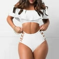thumbnail image 6 of 1 Set Sexy Off Shoulder Bikini Set Ruffled Trim Bandeau Bra High Waist Hollow Out Swimming Trunks Set Push Up Swimwear, 6 of 7