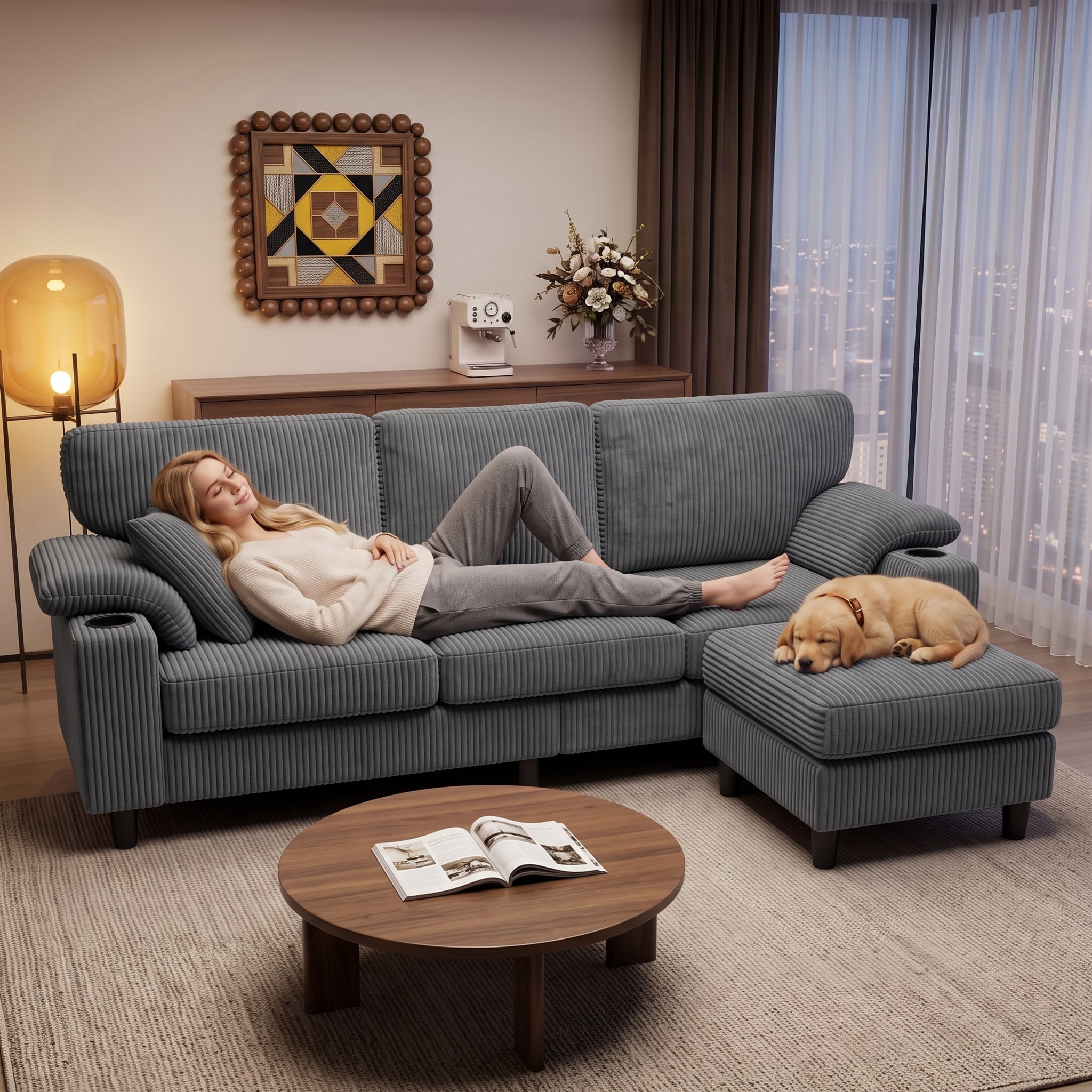 Anpport 80" L‑Shaped Corduroy Sectional Sofa, 3‑Seater Couch with Storage Ottoman, USB Port & Cup Holders for Small Spaces, Dark Gray