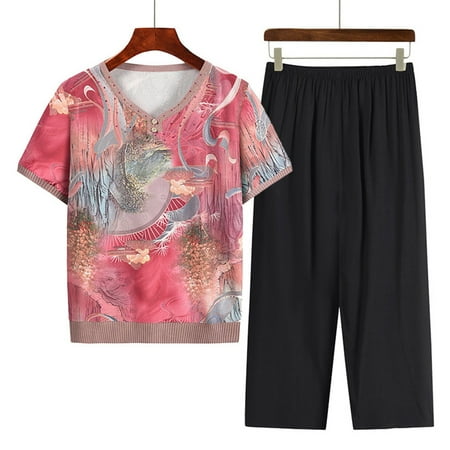 

Summer Savings HJCOMMED Women s Summer 2 Piece Outfits Women Casual Floral Printed V Neck Short Sleeve Top And Loose Elasticated Long Wide Leg Trousers Set Comfortable Home Wear Pajamas Lightlue
