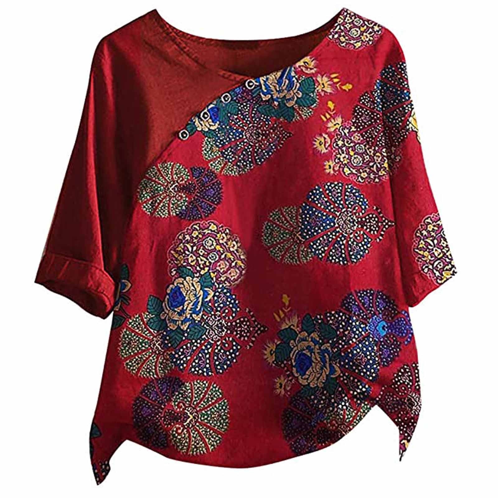 Summer Tops for Women 3/4 Sleeve Blouse Floral Print Plus Size T Shirts ...
