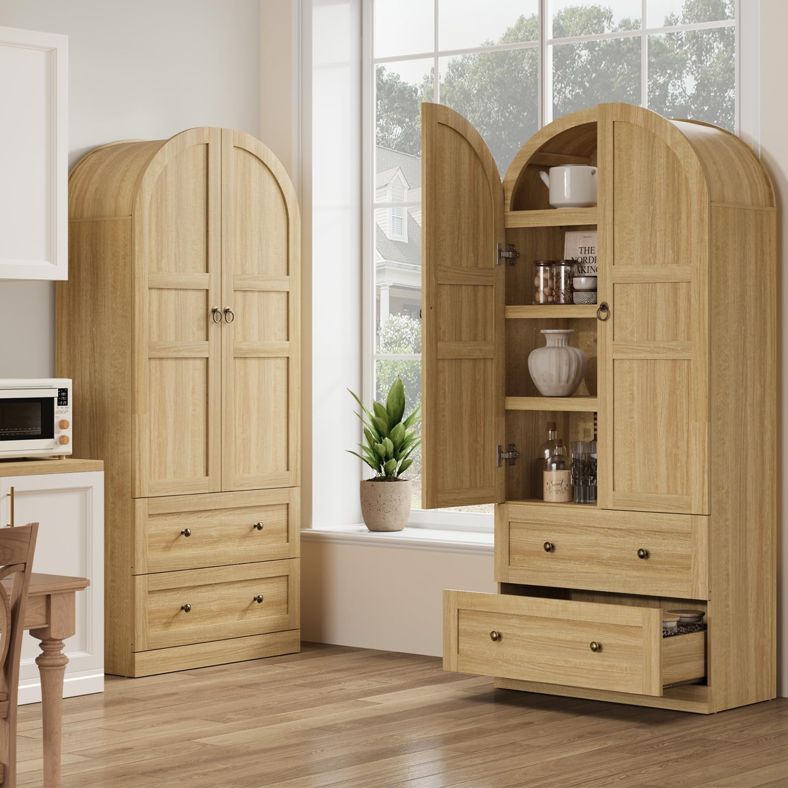 Farmhouse Tall Kitchen Pantry Cabinet – 72" Arched Freestanding Wooden Storage Cupboard with Doors, Drawers & Adjustable Shelves – for Dining Room, Living Room, Home Office
