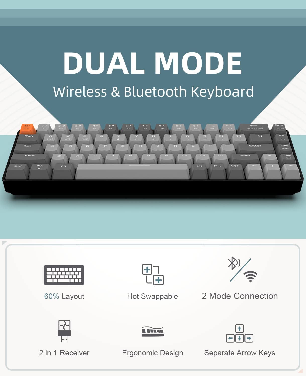 ZIYOULANG K68 60% Wireless Mechanical Keyboard, Bluetooth 5.0/2.4GHz with Dual Mode 2-in-1 Receiver, Ergonomic Compact 68-Key Hot Swappable Gaming Keyboard, Red Switch for Mac Windows PC