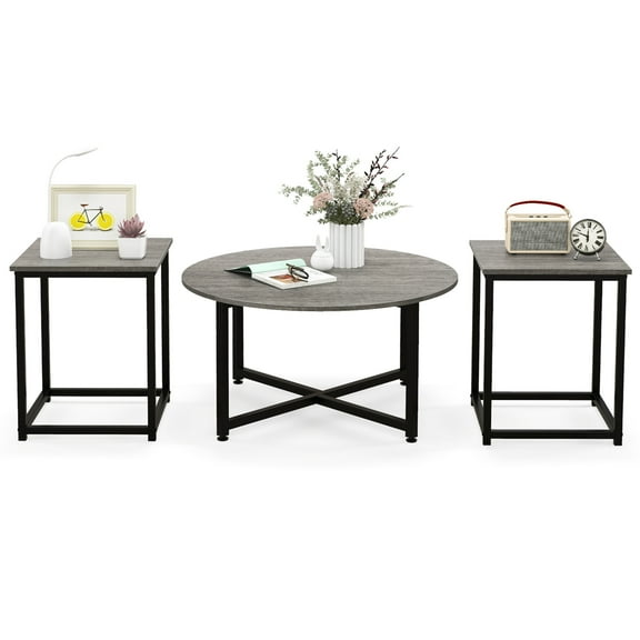 Costway 3 PCS Coffee Table Set Round Coffee Table and 2 PCS Square End Tables Metal Frame Gray
