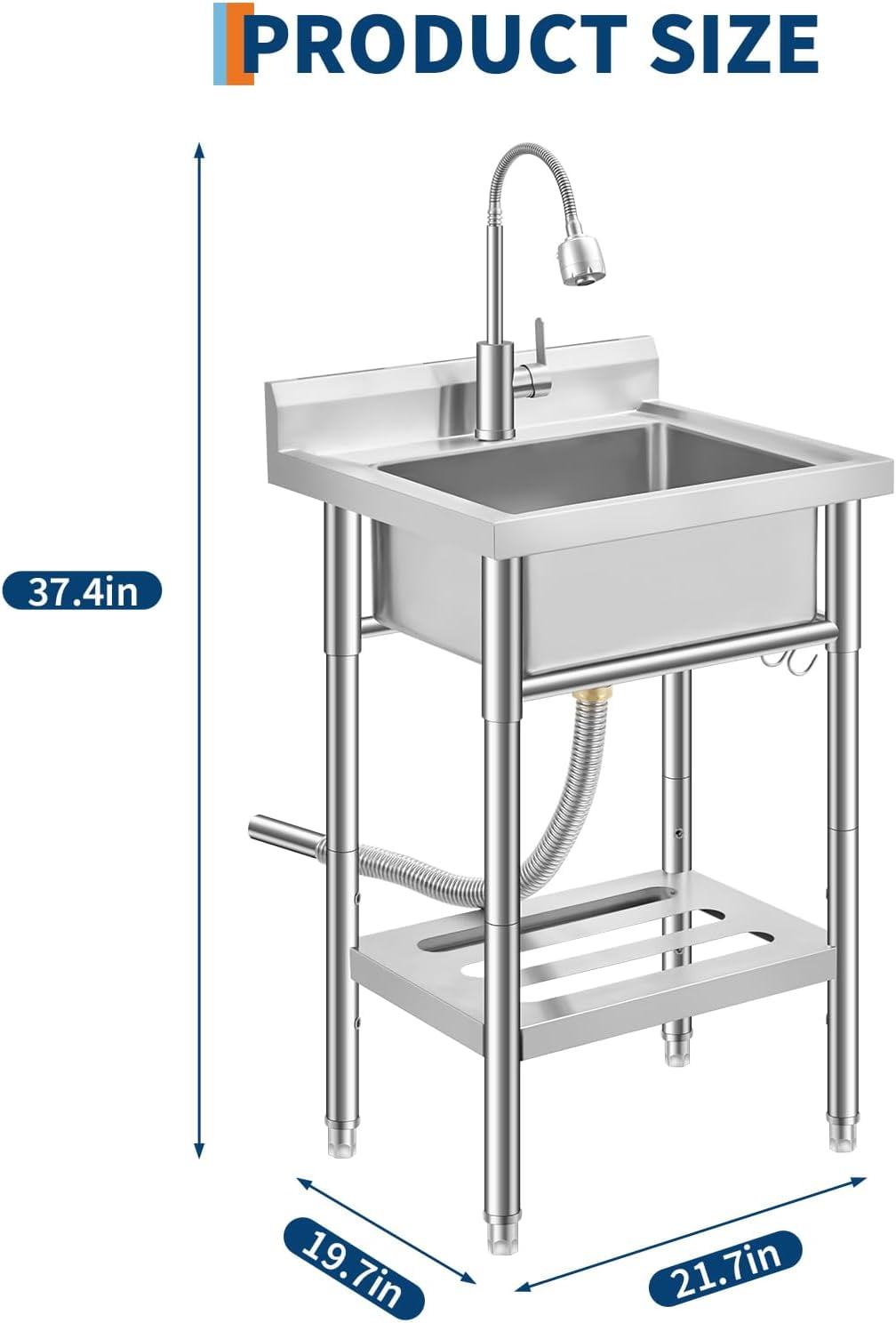 Rugerasy Stainless Steel Utility Sink,Free Standing Single Bowl Kitchen Sink,Adjustable Leg Height,w/Faucet,Hot and Cold Water Pipes,Commercial Laundry Tub,Hook,Storage Shelf for Indoor Outdoor