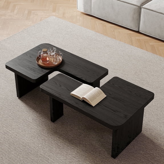 FHKJ 2-Piece Black Coffee Table for Living Room, Adjustable Square Wood Center Table, Modern Small Tables