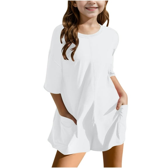 Ltctricy Girls' Rompers Loose Short Sleeve Crew Neck Solid Color Casual Jumpsuits with Pockets Children Summer Outfits