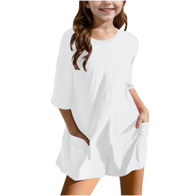 cfhntfmh Childrens Girls Rompers Casual Oversized Tee Half Sleeve Athletic Workout Wide Leg Shorts Jumpsuits with Pockets