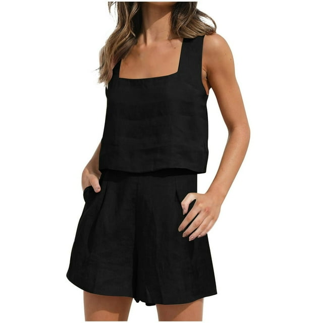 Womens 2 Piece Outfits Linen Square Neck Crop Tops Short Set 2023 Lounge Matching Sets Trendy Clothes Beach Summer