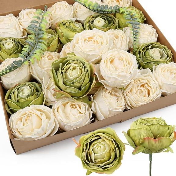 White Roses Artificial Flowers Heads Bulk, Vintage Dried Flowers Artificial Rose Heads Green Fake Rose Wedding Centerpieces for Dining Table Decor Wall Flowers Decorations (White Green)