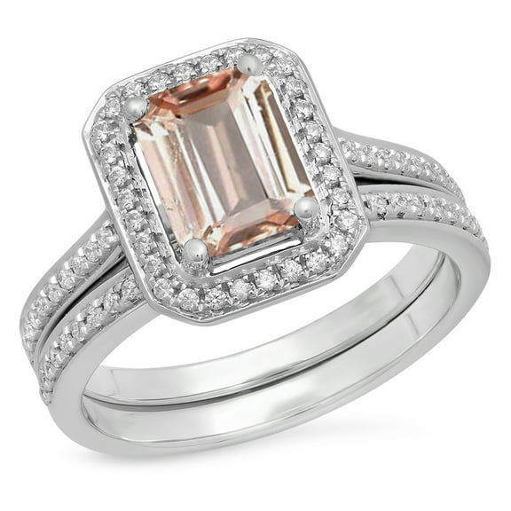 Dazzlingrock Collection 3.20 Carat (ctw) 10K Emerald Cut Peach & Round White Cubic Zirconia Ring Set, White Gold, Size 5