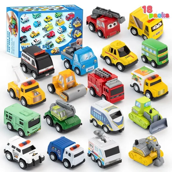 Joyfy 18 Pcs Friction Pull Back Play Car and Trucks Toy Vehicles Set for Toddler 1 3, Party Favors and Mini Excavator Toy Trucks, Christmas Birthday Gifts for Kid 2 4