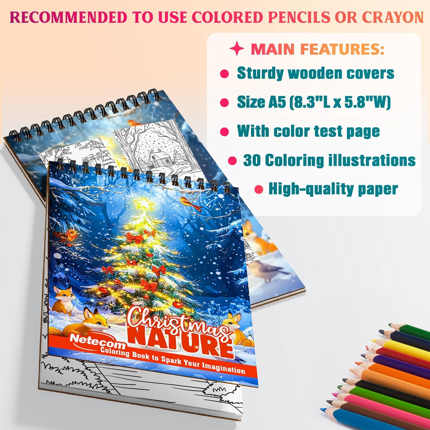 Netecom Christmas Nature Coloring Book Spiral Bound for Adults, A5 Wooden Cover, 30 Coloring Pages of Snowy Forests, Winter Wildlife and Seasonal Floral Designs for Stress Relief and Relaxation
