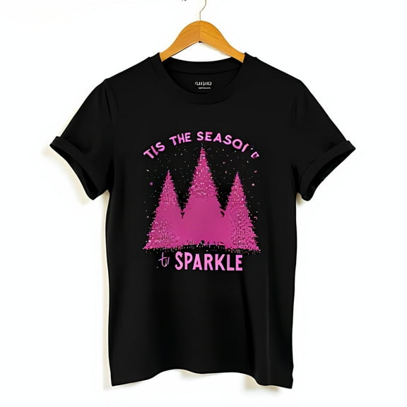 Festive Black T-Shirt with Pink Sparkly Christmas Tree & Tis the Season to Design
