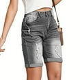 thumbnail image 2 of vigerkar Women High Waisted Stretch Bermuda Shorts Ripped Rolled Hem Jean Shorts Grey, S, 2 of 8