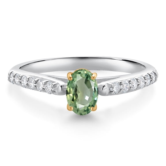 Gem Stone King 10K White and Yellow Gold Green Sapphire and White Lab Grown Diamond Engagement Ring for Women (0.73 Cttw, Oval 6X4MM, Gemstone September Birthstone, Size 7)