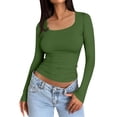 thumbnail image 2 of Womens Long Sleeve Shirts Fall Fashion Crop Tops Basic Layer Slim Fit Y2K Clothes 01-Army Green XL, 2 of 5