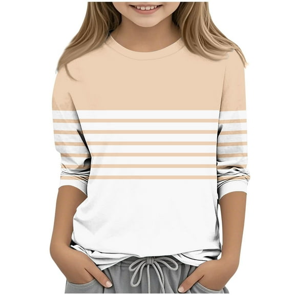 Ugoldhm Little Girls and Girls 3/4 Sleeve Tees Round Neck Striped Casual Shirts Sizes 3-14
