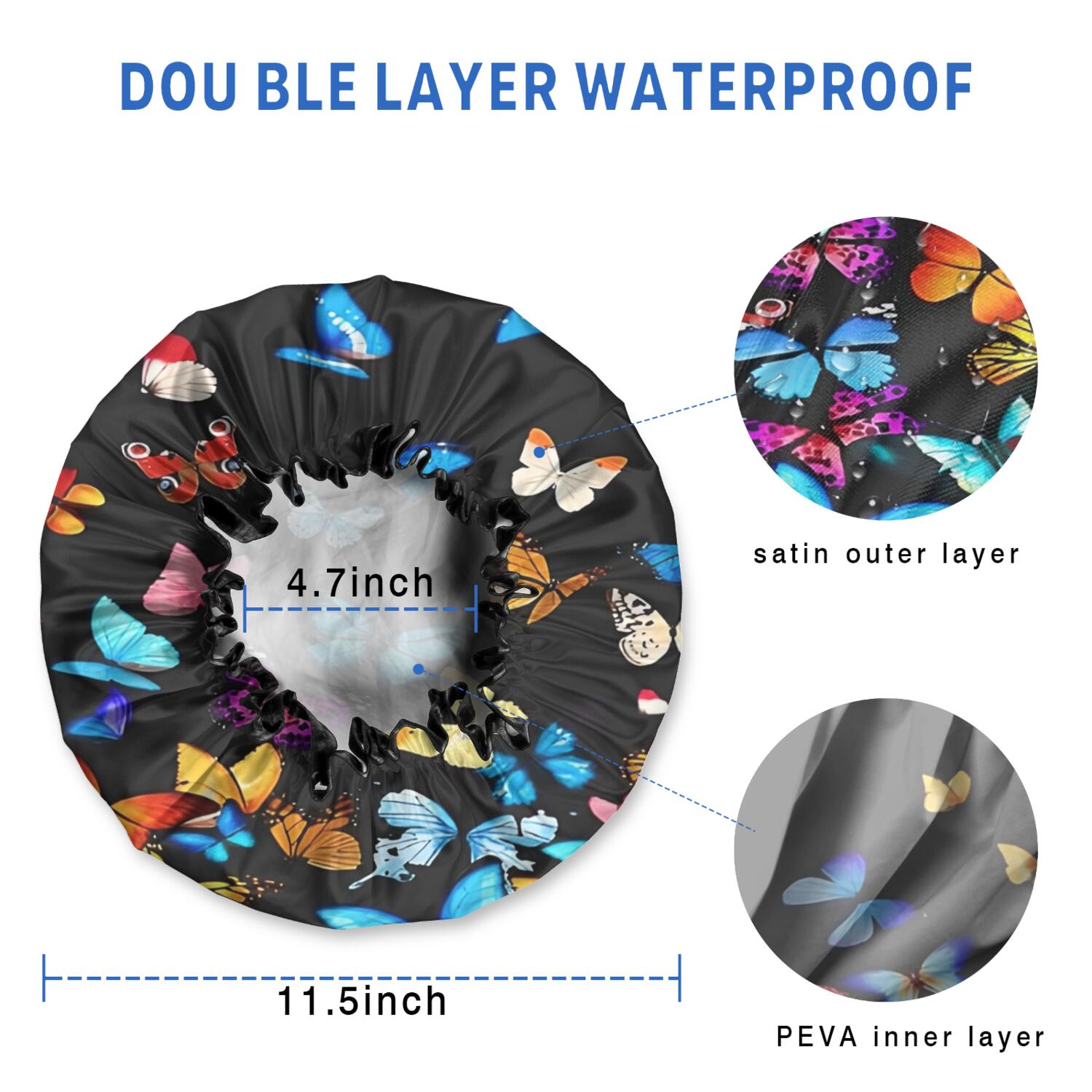 Shower Caps,Black Blue Yellow Butterfly Pattern Waterproof Shower Cap for Women 4 Pieces,Double Reusable Hair Cover for Shower PEVA Elastic Stretch Hem