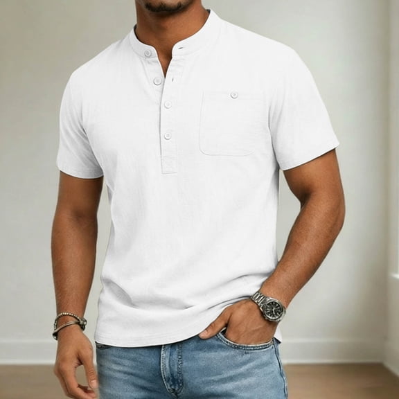 Ceisia Men's Short Sleeve Casual Essential Henley T-Shirt Solid Color Stand Collar with Button Pocket Soft Comfort Everyday Top Gifts for Father White M