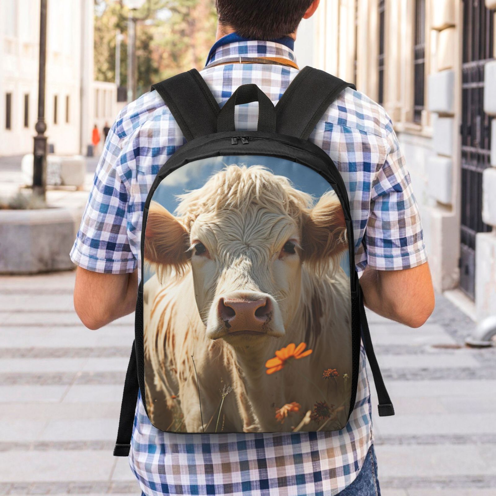 Xecao Daisy Meadow Cow print Travel Backpack, Large Computer Backpack for Men Women, College School Rucksack Book Bag