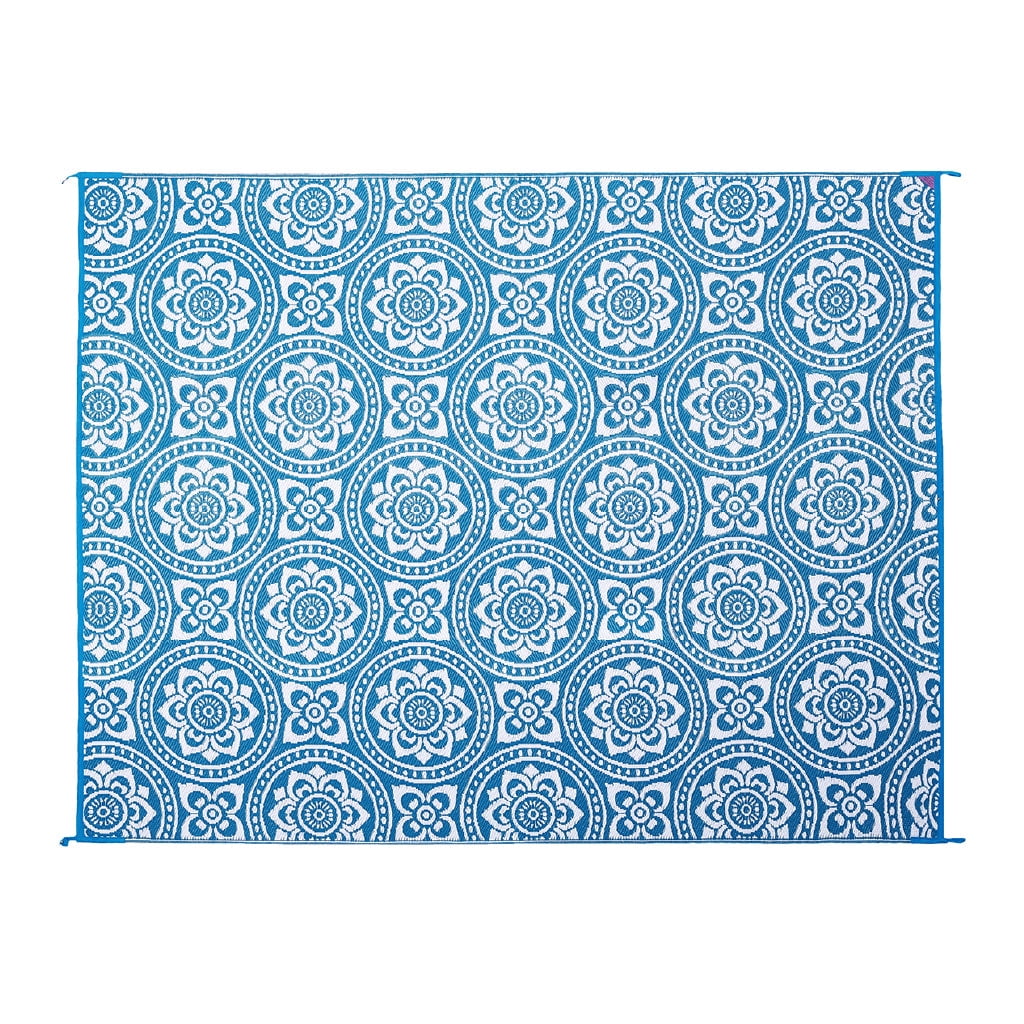 Reversible Mat 8x10 Foot Outdoor Polypropylene Pattern Patio Rug, Turquoise/White
