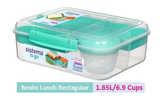 Sistema to go, 1.65L/6.9 Cups, 1 Pack, Teal, Plastic Rectangular Bento Lunch with Yogurt Pot