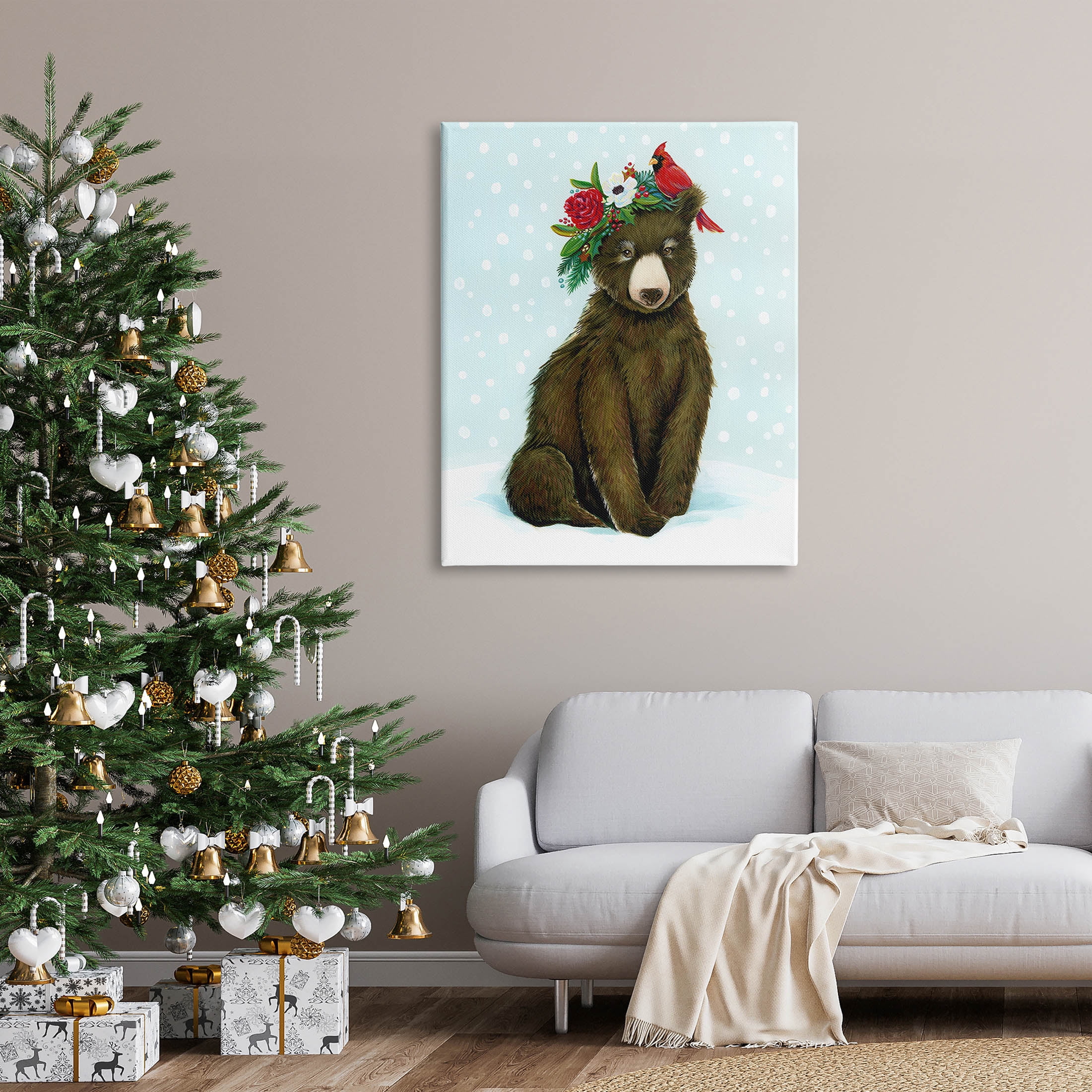 Stupell Industries Bear Seasonal Holly Snow Scene Graphic Art Gallery Wrapped Canvas Print Wall Art, Design by Laura Marr