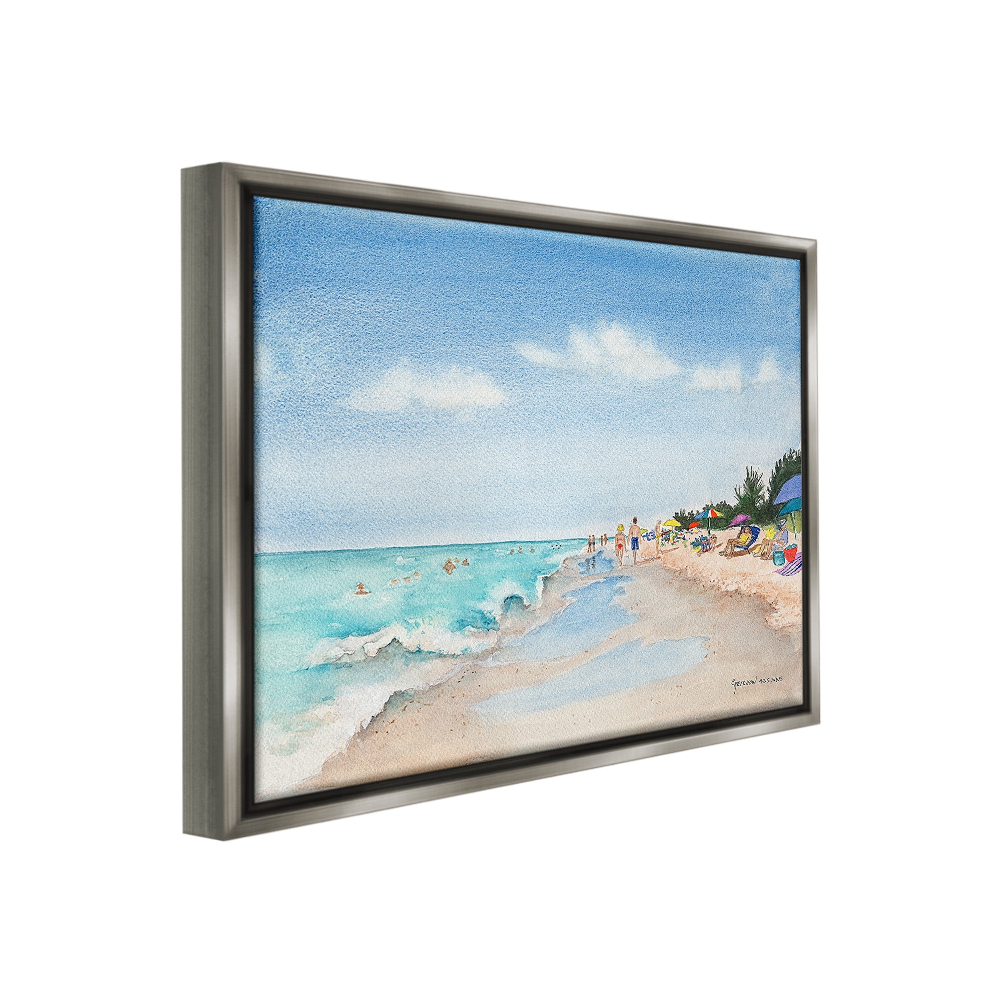 Stupell Industries Traditional Beachgoers View Landscape Painting Gray Floater Framed Canvas Art Print Wall Art, 21 x 17