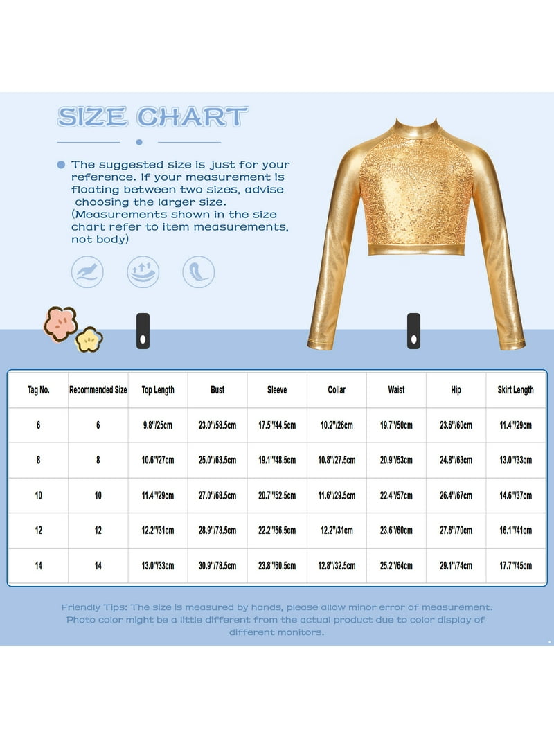 INHZOY Kids Girls Long Sleeves Crop Tops Shiny Metallic Turtleneck