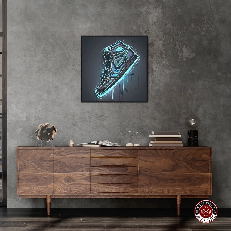 Blue Glow Sneaker Canvas Wall Art by Notoriart, Black Floater