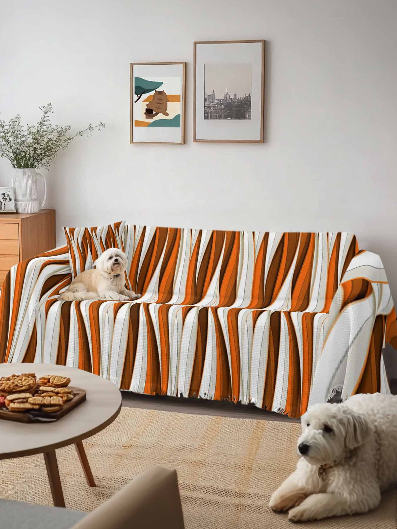 Burnt Orange White Moire Couch Cover, Modern Abstract Art Sofa Cover Blanket for 3 Cushion Couch,Sectional Sofa Slipcover Furniture Protector for Living Room Bedroom 71''x134''