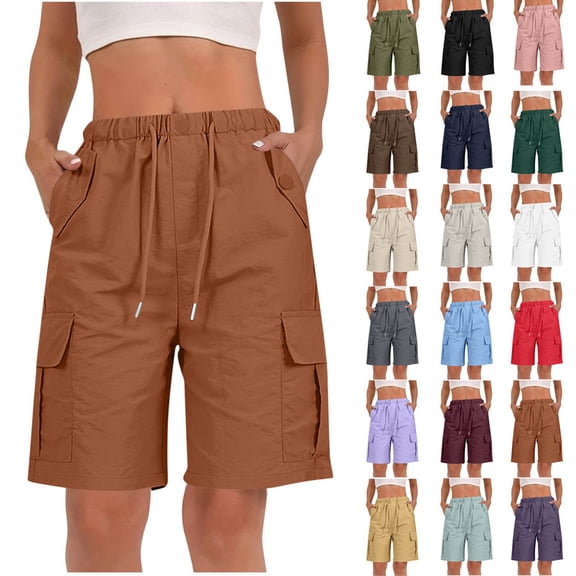 Smsaxvxz Cargo Shorts for Women Fashion Solid Drawstring Elastic Waist Casual Loose Summer Beach Pants Brown XL