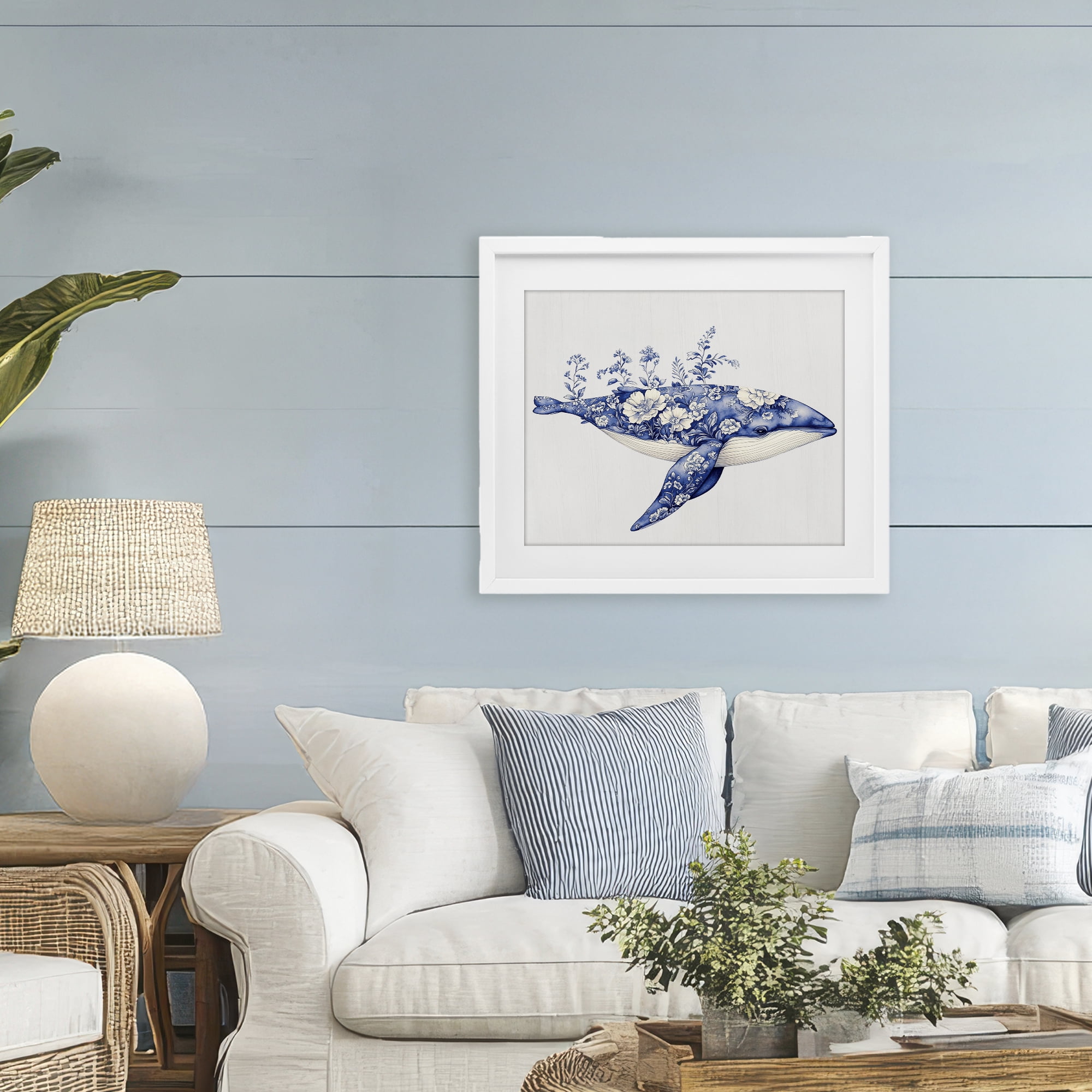 Blooming Toile Whale White Framed Print Under Glass, design by Lettered and Lined
