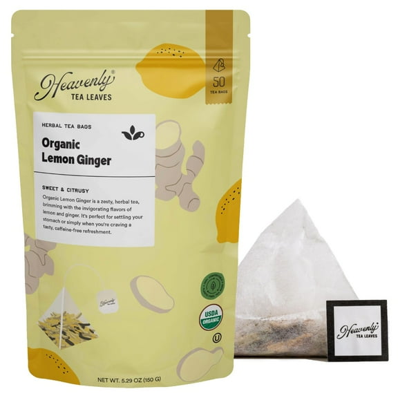 Heavenly Tea Leaves Organic Lemon Ginger, Compostable Pyramid Tea Bags (50 Count)