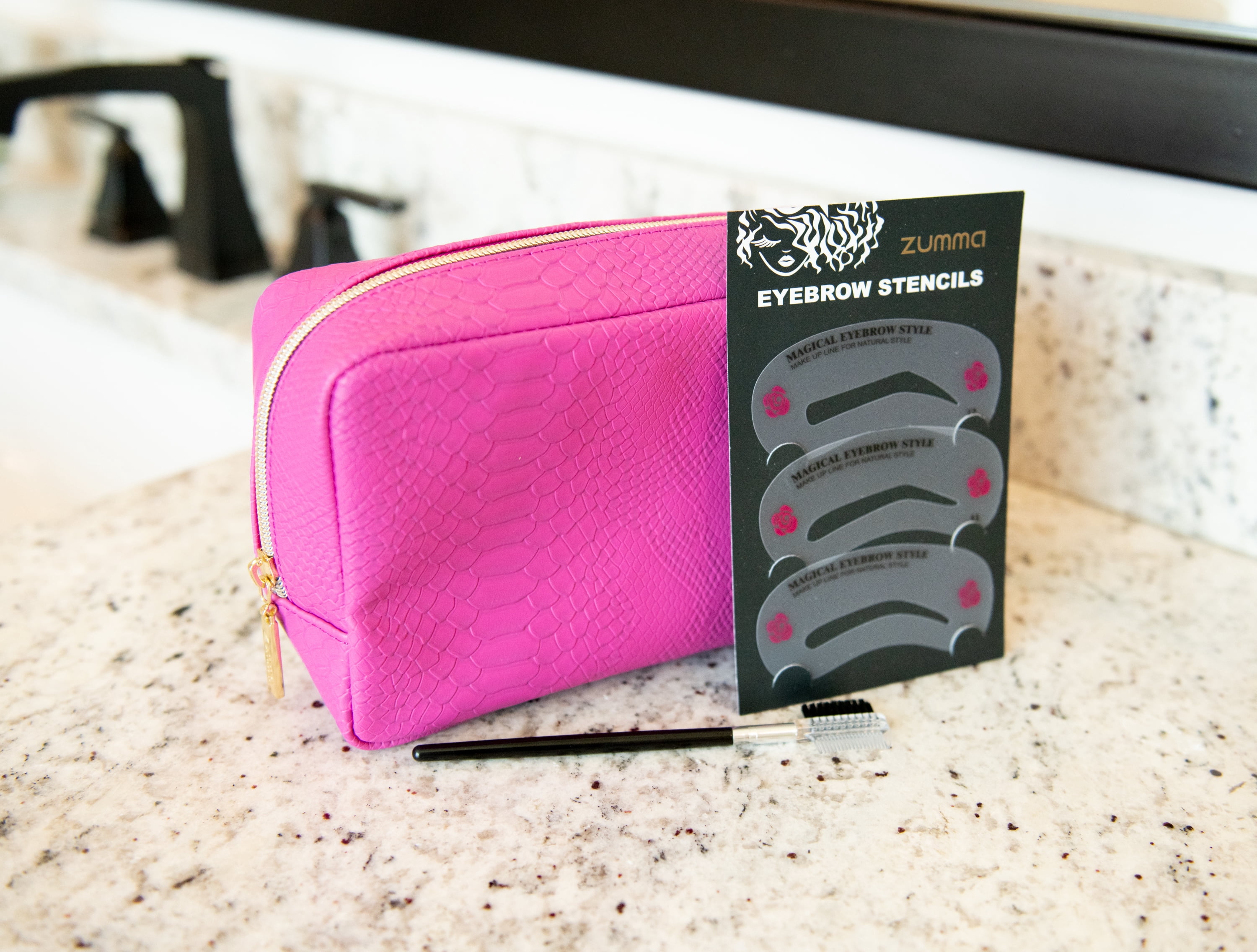 Zumma Makeup Bag, Faux Crocodile Leather, Magenta, with Bonus Brow Kit
