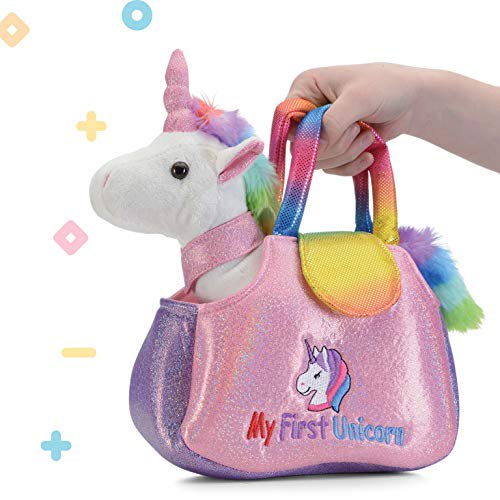 Prextex Stuffed Unicorn Animal with Matching Handbag Purse Pink and White Plush Gift for Girls